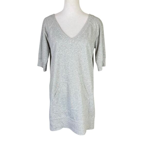 Norma Kamali Gray Pullover V-neck Kangaroo Pocket Sweatshirt Tunic Mini Dress - Picture 1 of 12
